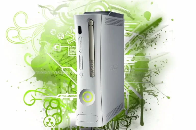 A white Xbox 360 console is displayed against a green and white abstract background with swirling designs and patterns.