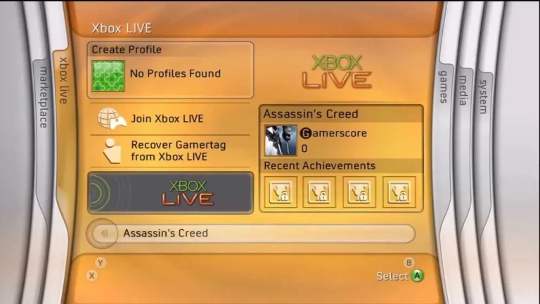 Xbox Live dashboard screen showing options to create a profile, join Xbox Live, or recover a Gamertag. Game shown: Assassin's Creed with 0 Gamerscore and several recent achievements.