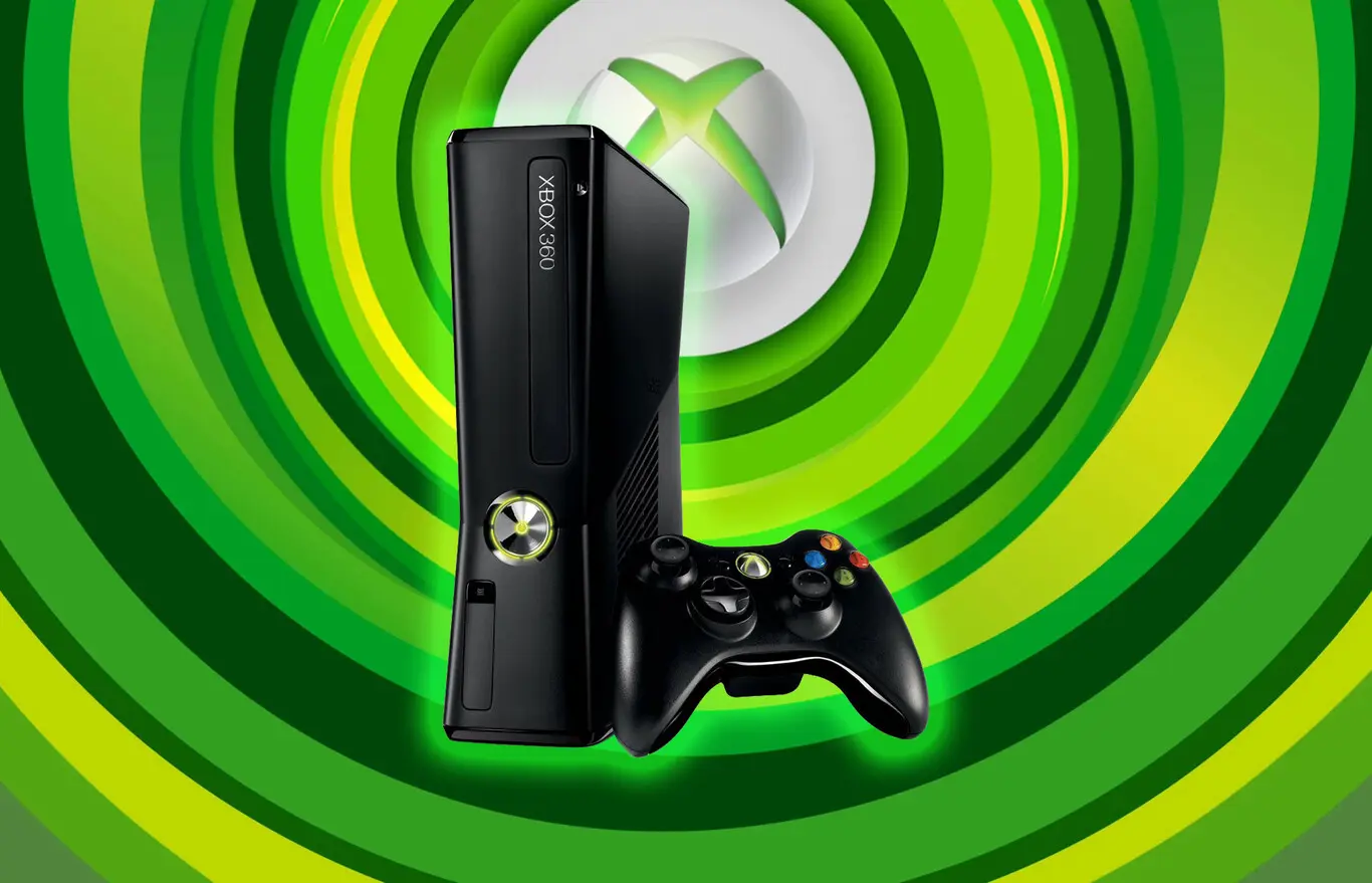 Image of a black Xbox 360 console and controller against a green and yellow Xbox-themed background.