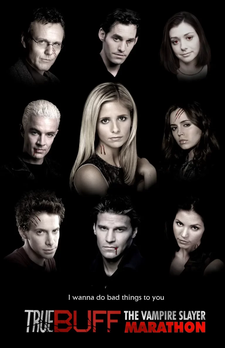 Poster featuring cast members of a vampire-themed TV show with the text "True Buff: The Vampire Slayer Marathon" at the bottom. Central character has a blood-stained neck. Dark background.