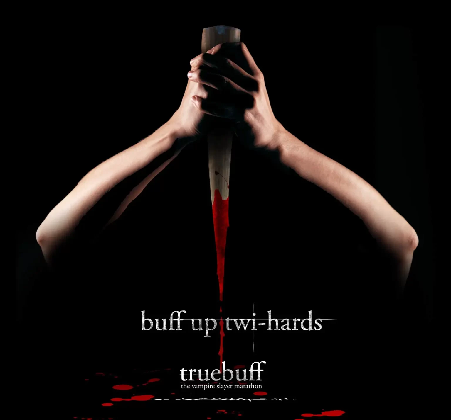 A person holds a blood-drenched wooden stake against a black background with the text "buff up twi-hards" and "truebuff: the vampire slayer marathon." Red blood drips below.