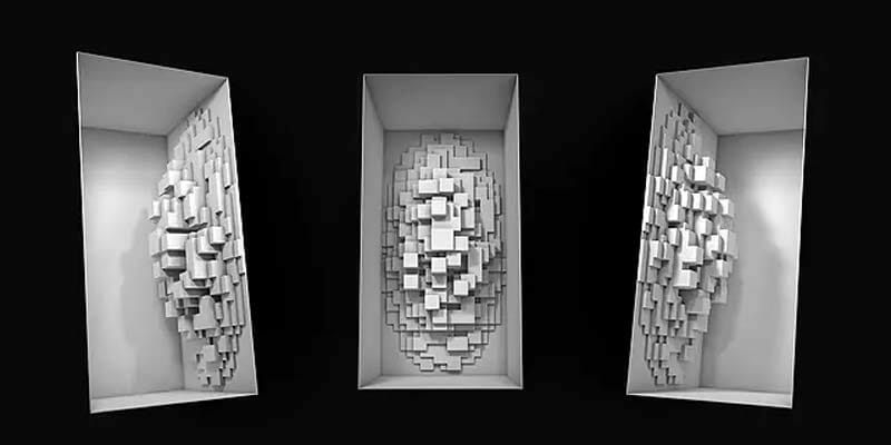 Three sculptures made out of paper on a black background.