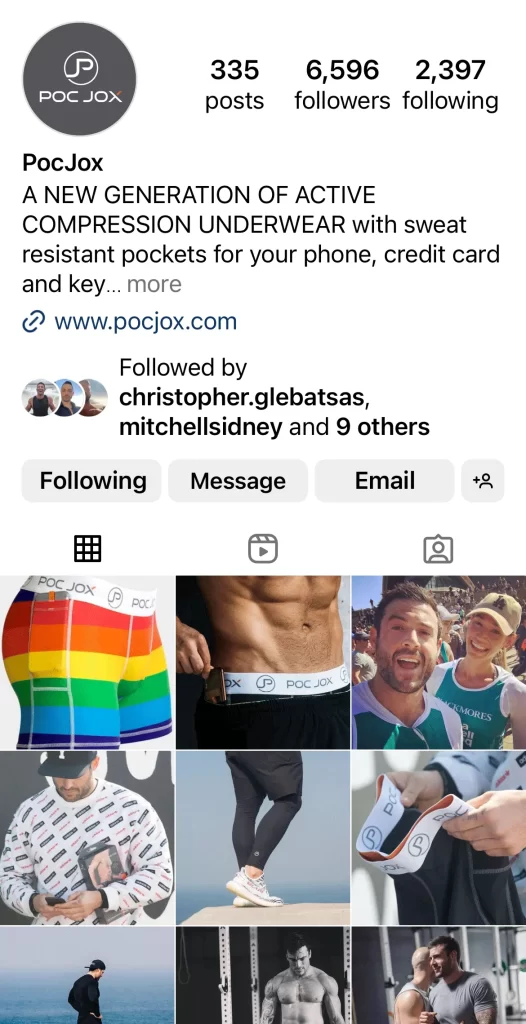 Instagram profile for PocJox featuring active compression underwear with sweat-resistant pockets; profile has 335 posts, 6,596 followers, and is following 2,397. The feed shows various underwear shots and active scenes.