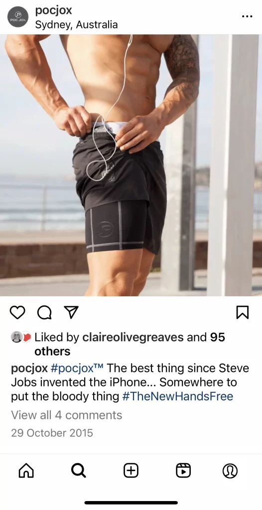 A person adjusts their armband while listening to music on a waterfront. The post mentions the brand "pocjox" and references the iPhone, highlighting a hands-free feature.