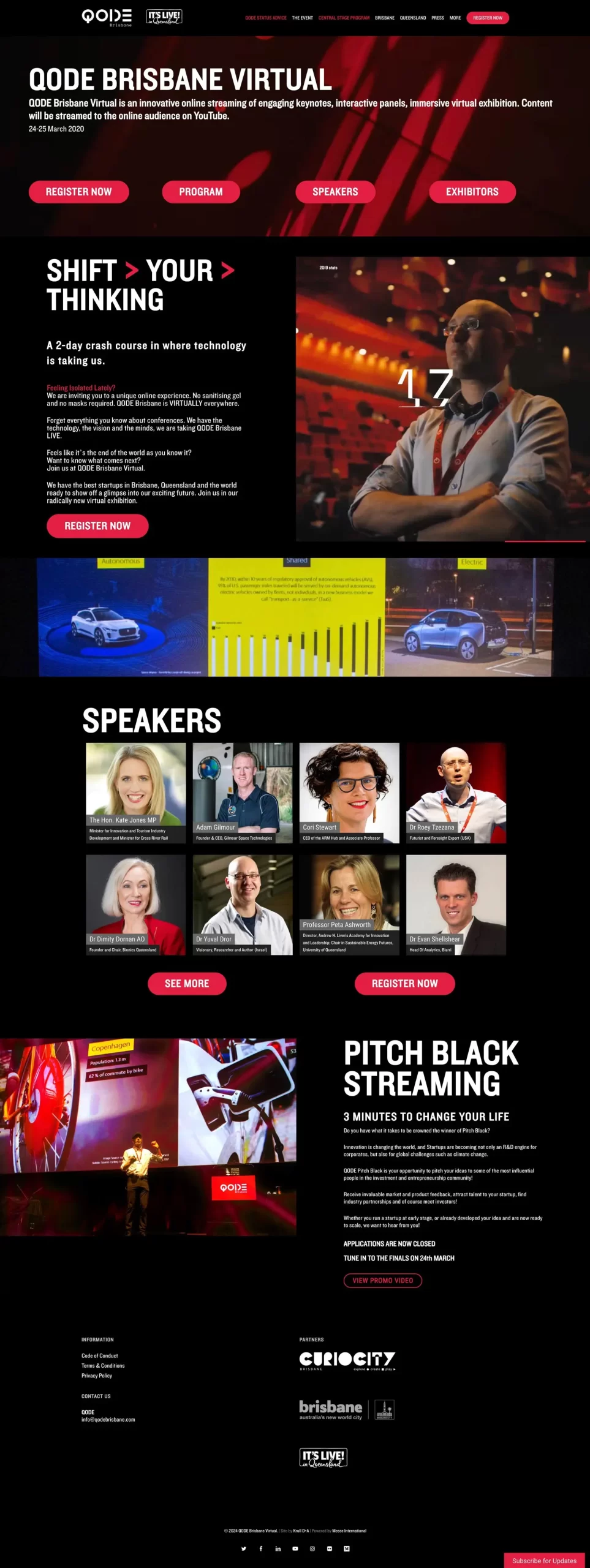 Promotional webpage for "QODE Brisbane Virtual" featuring event details, speaker profiles, registration information, and a streaming platform segment.