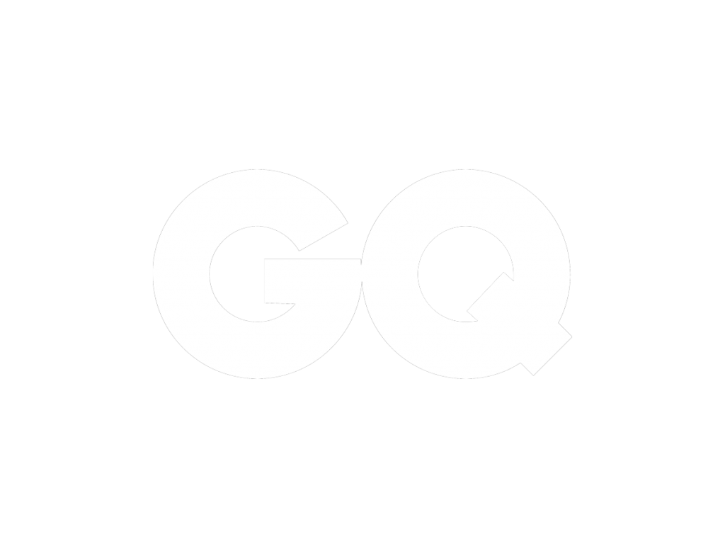 A white logo with the word gq on it.