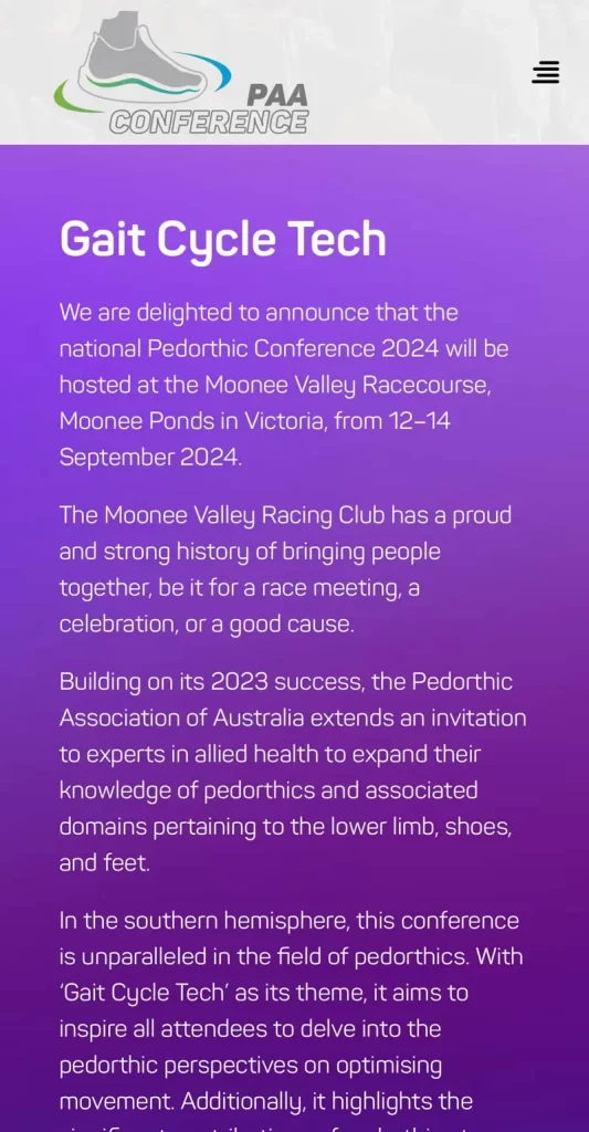 Promotional material for the "Gait Cycle Tech" event at the Moonee Valley Racecourse in Victoria, Australia, set from 12-14 September 2024, hosted by the Pedorthic Association of Australia.