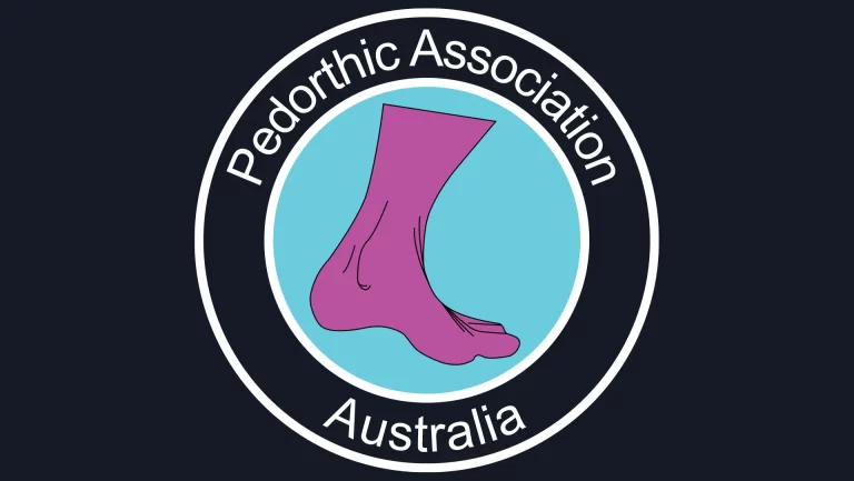 Logo of the Pedorthic Association Australia featuring a stylized pink foot against a blue background, encircled by a black ring with the organization's name written in white.