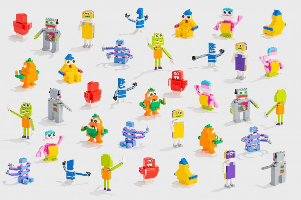A group of colorful robots on a white background.