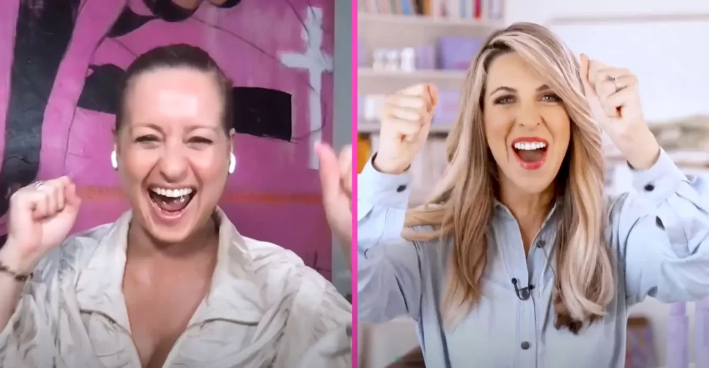 Two women are pictured in a split-screen image, both celebrating enthusiastically. One is set against a vibrant pink background, and the other in a light-colored room, each with broad smiles and raised fists.