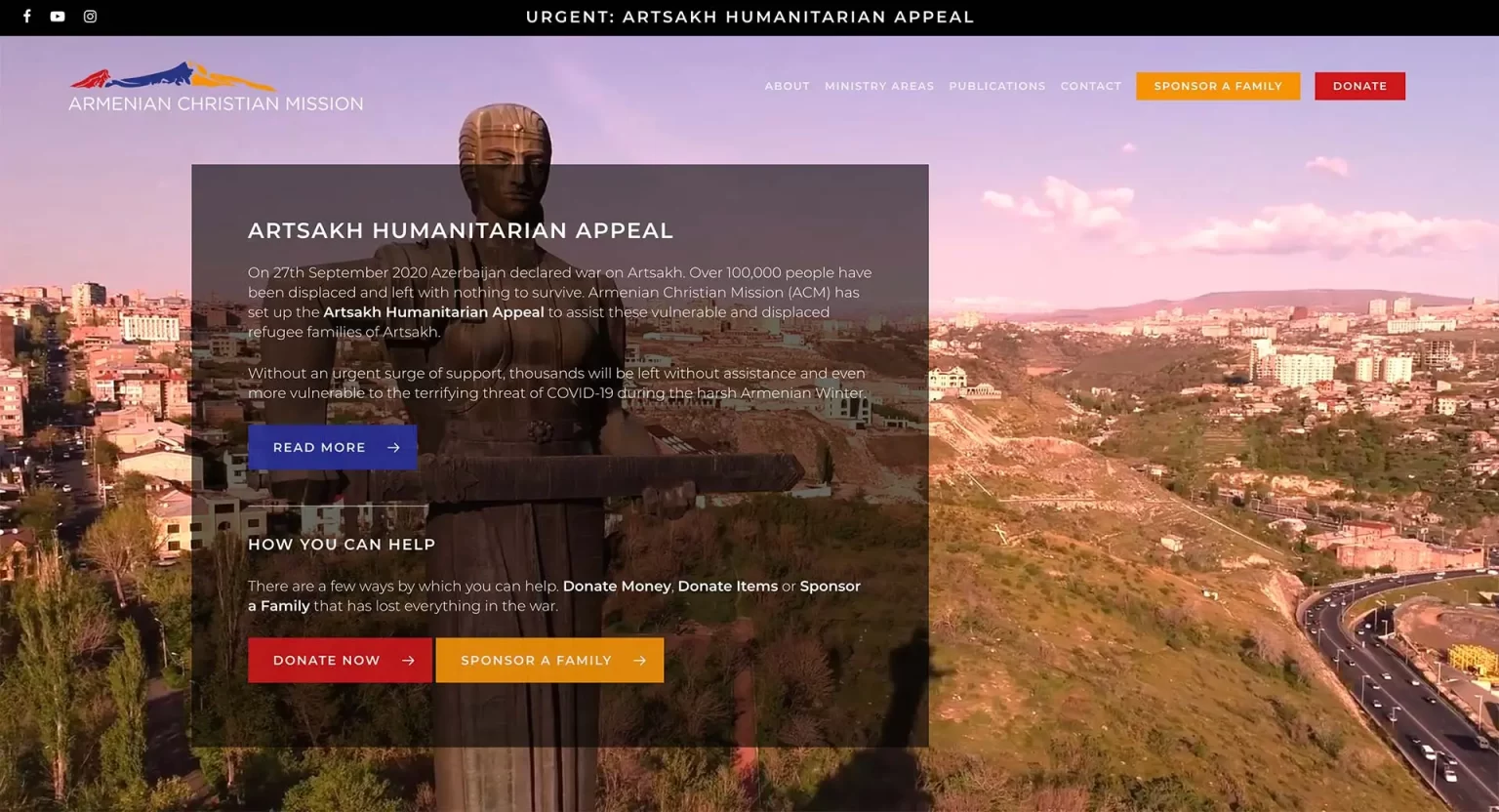 A webpage for the Armenian Christian Mission displays a humanitarian appeal for Artsakh, with options to read more, donate, or sponsor a family. A statue and landscape are visible in the background.