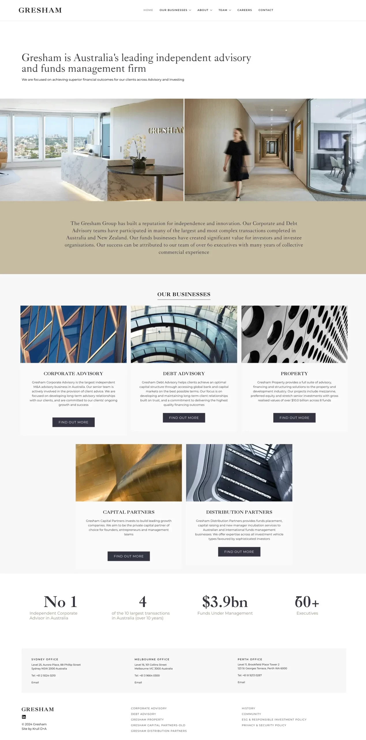 Homepage of Gresham advisory and funds management firm, featuring sections on corporate, debt, and property advisory, capital partnerships, firm statistics, and contact information.