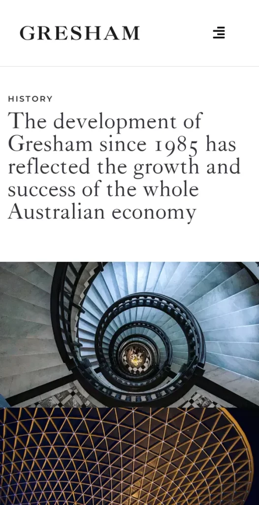 An image showing a webpage with the title "Gresham" and an article about its development since 1985 reflecting the growth of the Australian economy. The image includes a spiral staircase.