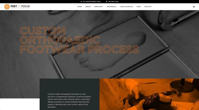 A webpage for Feet In Focus showcasing the custom orthopedic footwear process, with an image of a foam foot impression and another image of hands working on footwear.