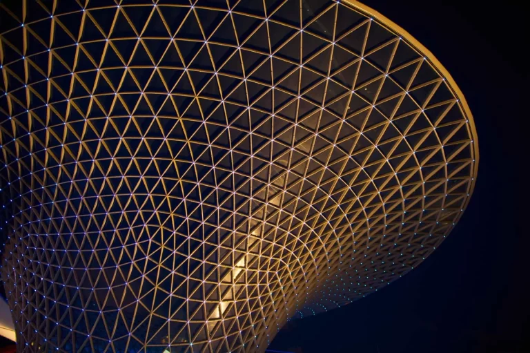 A close-up view of the curved, lattice-like structure of a roof, illuminated against a dark sky.