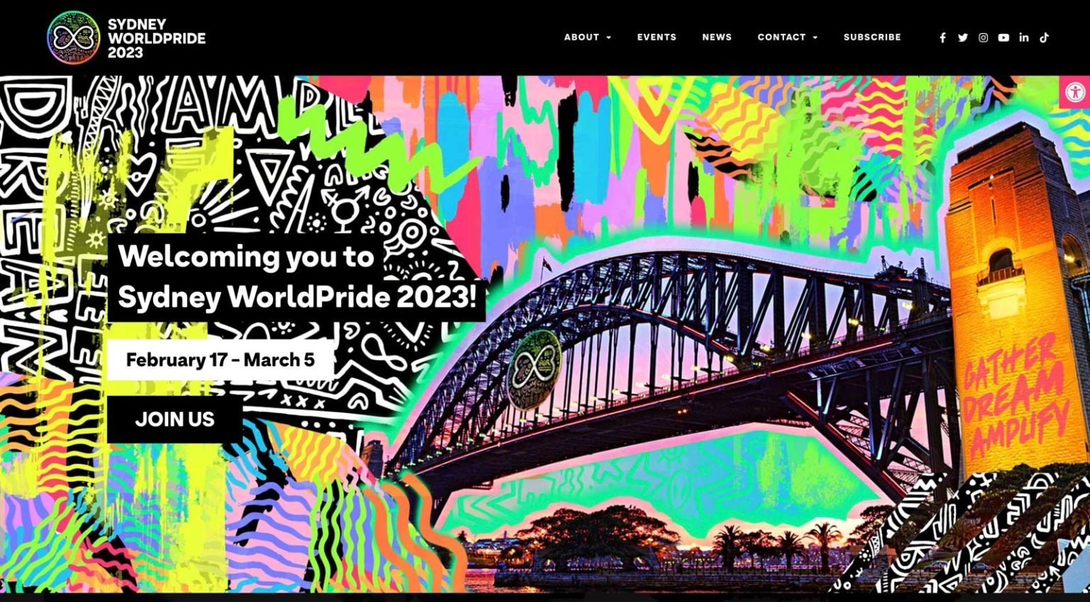 A vibrant promotional image for Sydney WorldPride 2023, featuring colorful abstract designs, the Sydney Harbour Bridge, and event details: February 17 - March 5. Text reads "Welcoming you to Sydney WorldPride 2023!.