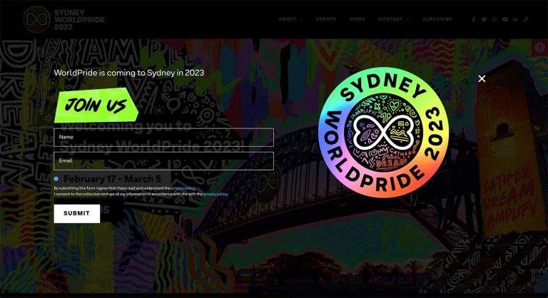 Sydney WorldPride 2023 website landing page with a brightly colored background and a sign-up form. Features event dates: February 17 - March 5.